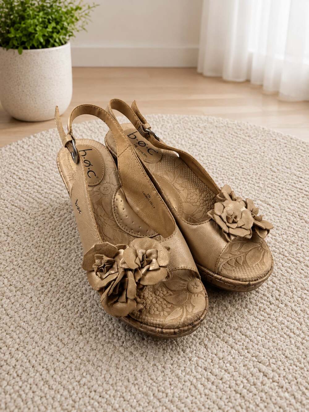 B.O.C. Born Concept Beige Leather Flower Embellished Slingback Wedge Sandals